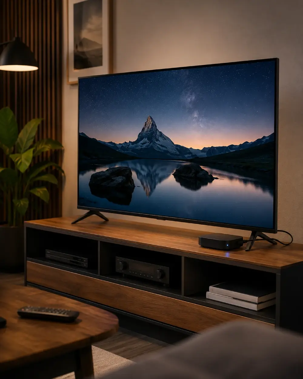 Televisore moderno con dispositivo TV box collegato