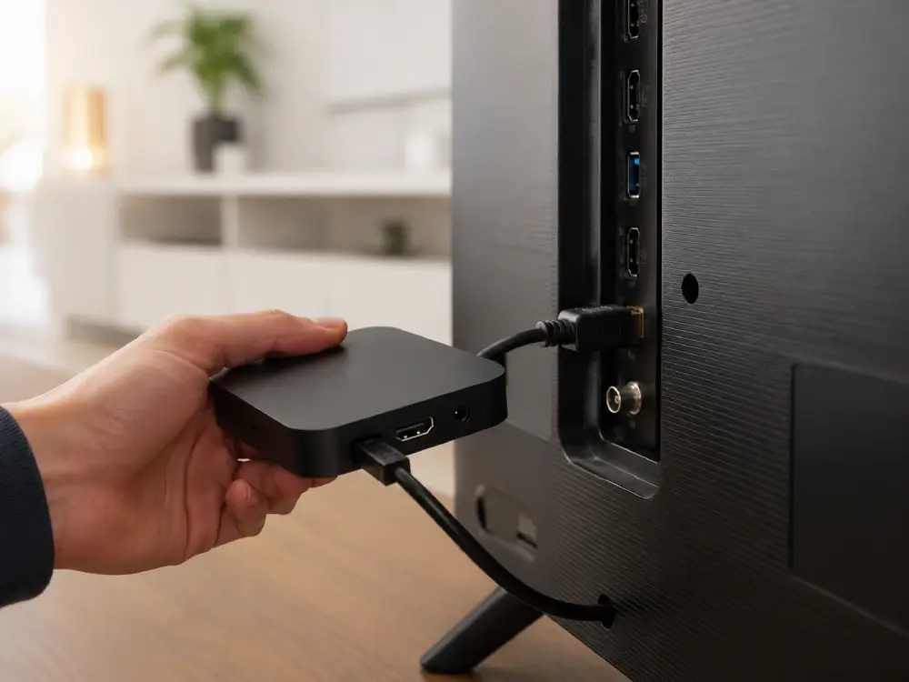 Dettaglio del collegamento di un TV box al televisore